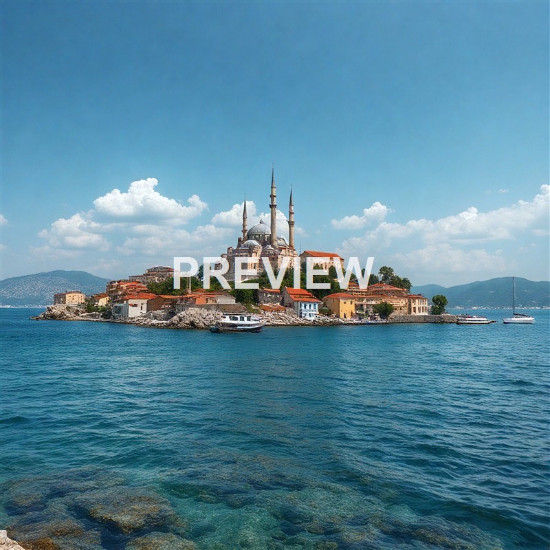 An island with a mosque featuring multiple minarets and domes, surrounded by colorful buildings and boats on the water under a blue sky with clouds.